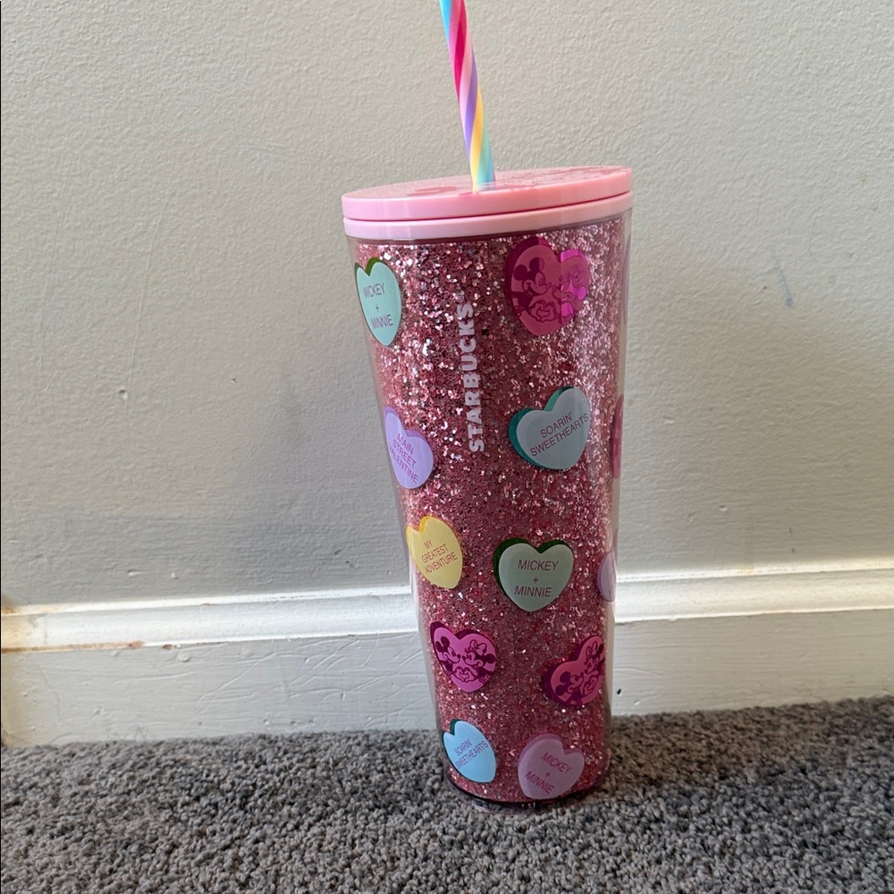 Starbucks Pink Heart Glitter Tumbler with Rainbow Straw